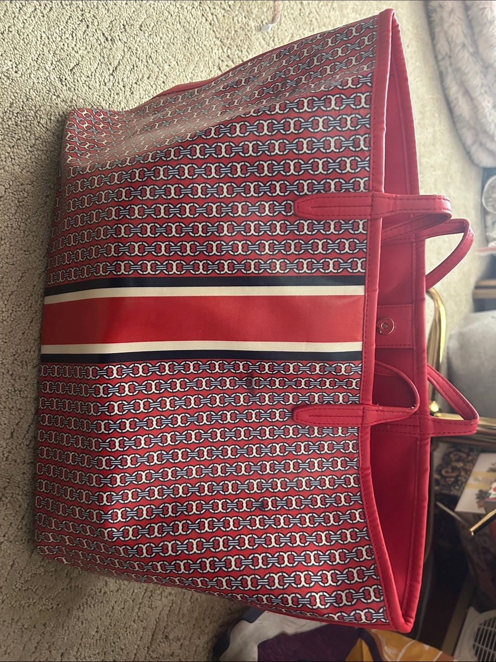 Tory Burch Gemini Red, White and Navy Patterned Canvas Tote